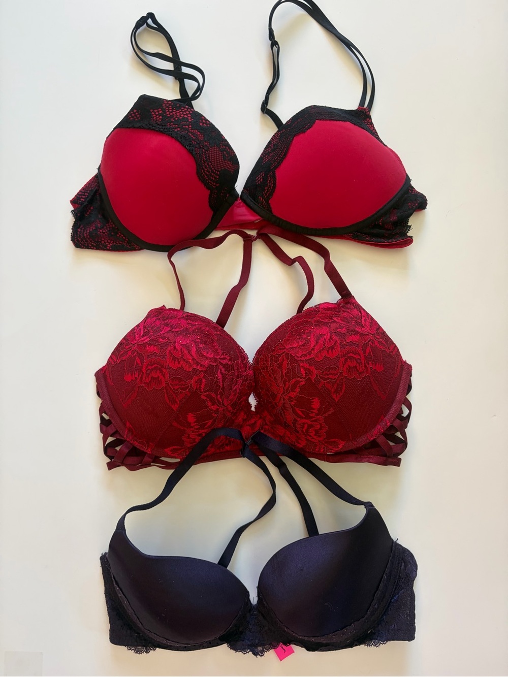 3 pack bundle Bra Set Women’s Lace Push-Up Bra Red, burgundy & purple size 34c